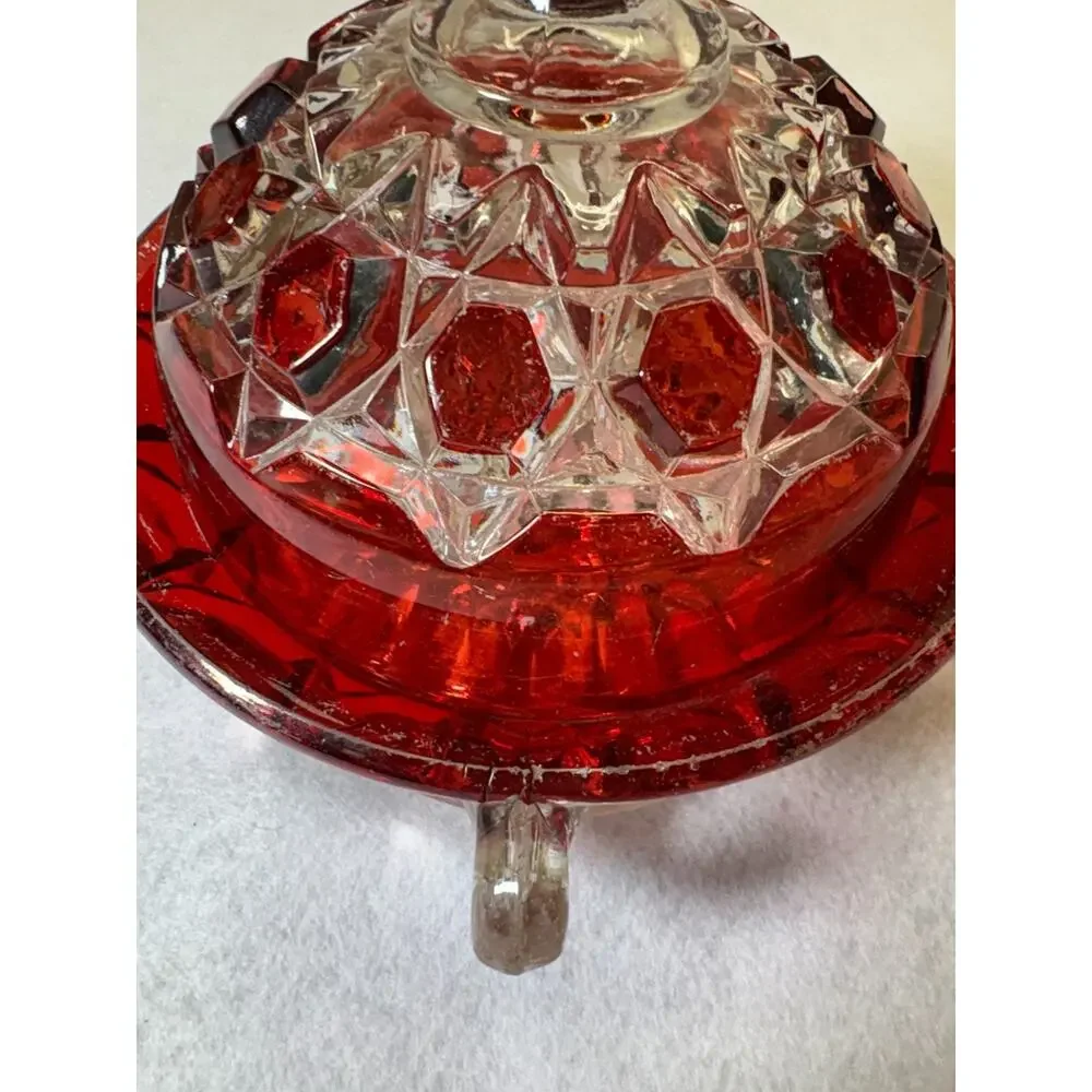 Ruby Stained Pressed Glass Covered Dish Vintage Two Handle Geometric Pattern